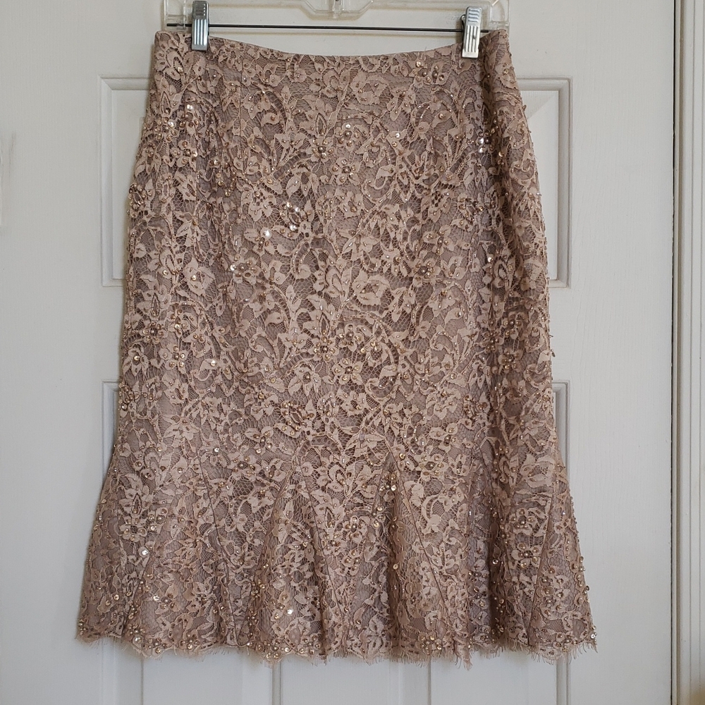 Vintage Silk Beaded Lace Trumpet Skirt Champagne Midi M L - Picture 3 of 11